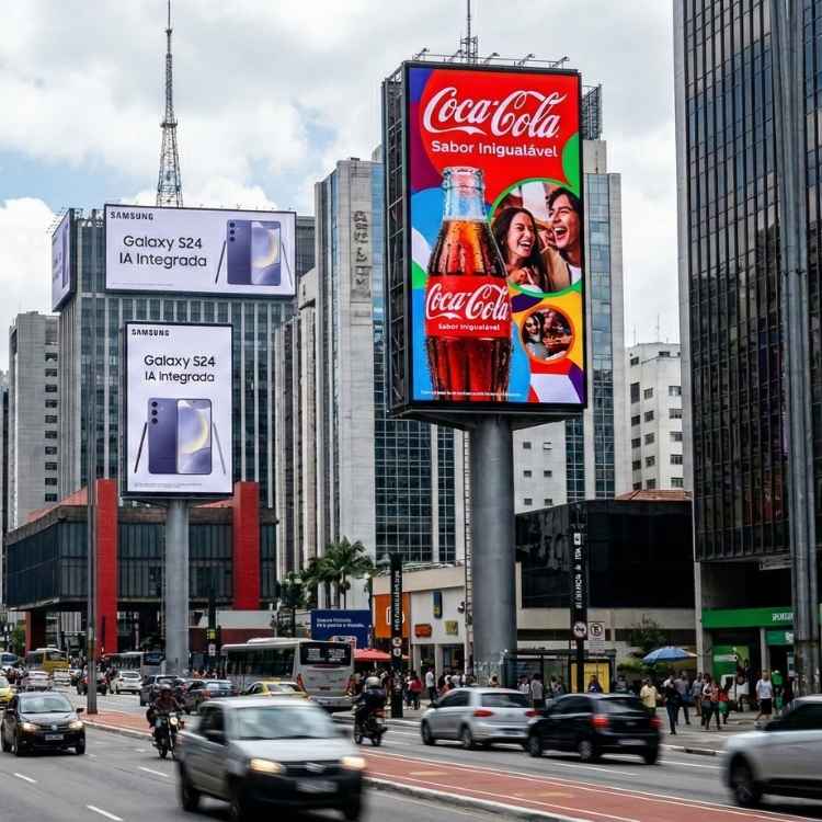 una ciudad vibrante con paneles publicitarios techeros grandes y coloridos en las azoteas de los edificios, estilo urbano nocturno con luces brillantes2